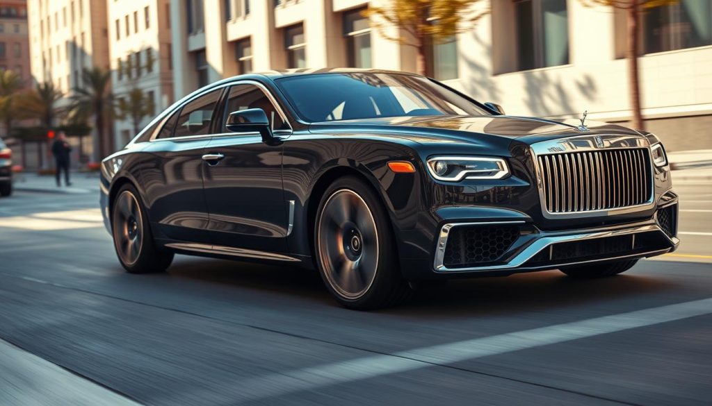 A sleek and sophisticated premium automobile glides effortlessly through a sun-dappled city street. Gleaming chrome accents and sculpted bodylines suggest premium craftsmanship, while a powerful, low-slung stance conveys a commanding presence. The interior is swathed in premium leather and wood, with ergonomic controls and a refined digital interface. Soft, indirect lighting bathes the cabin in a warm, luxurious ambiance. The car's imposing grille and piercing headlamps project an air of exclusivity, hinting at the advanced engineering and responsive performance under the hood. This is a vehicle that embodies the pinnacle of automotive design, engineering, and technology - a true expression of the premium class.