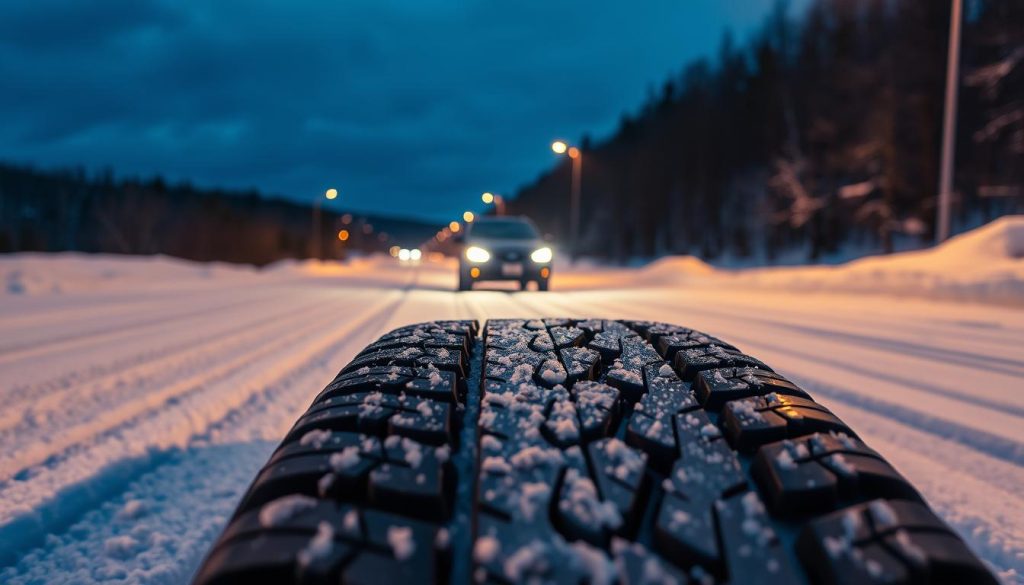 A snowy winter road at dusk, illuminated by the warm glow of streetlights. In the foreground, a set of snow tires grips the powdery surface, showcasing their deep, aggressive treads. The middle ground features a car navigating the icy conditions, its tires leaving clean, controlled tracks. In the background, a wooded landscape fades into the distance, adding a sense of depth and the tranquility of the season. The overall atmosphere is one of safety, stability, and the importance of choosing the right winter tires for optimal performance and grip on snow-covered roads.