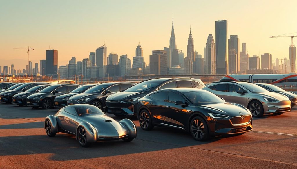 A sweeping panoramic view of the evolution of electric vehicles, from the early pioneering models to the sleek, futuristic designs of today. In the foreground, a vintage electric car from the early 20th century stands in stark contrast to the modern electric sedans and SUVs in the middle ground, their streamlined silhouettes and gleaming chrome accents reflecting the advancements in battery technology and aerodynamic design. In the background, a cityscape with towering skyscrapers and clean, efficient mass transit systems conveys the shift towards a more sustainable and eco-friendly future. The scene is illuminated by a warm, golden light, evoking a sense of progress and innovation.