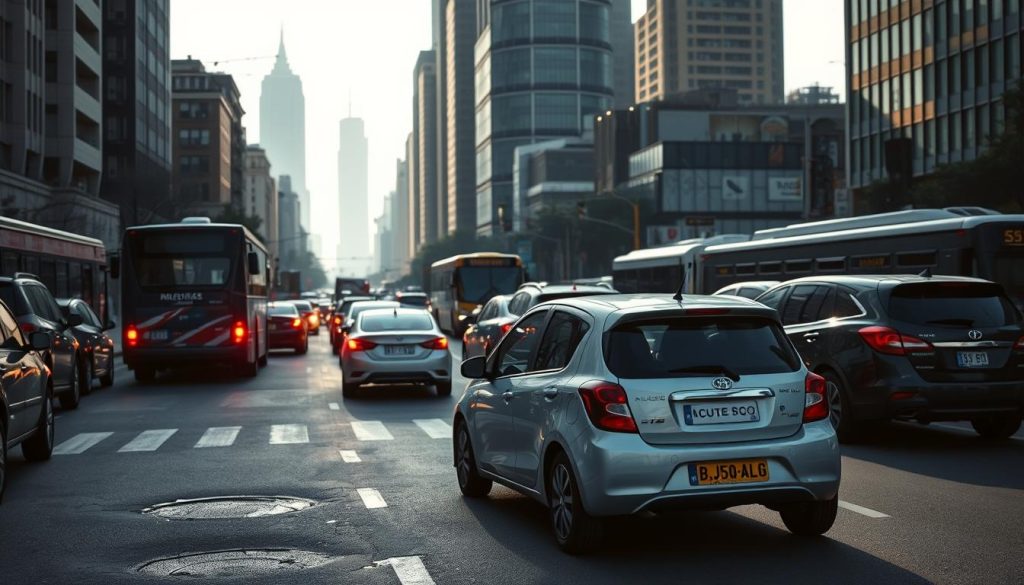 A bustling city street, with cars and buses navigating the congested traffic. In the foreground, a compact car weaves through the stop-and-go flow, its engine working overtime to maintain momentum. The middle ground reveals the specific challenges of urban driving - potholes, speed bumps, and pedestrians crossing haphazardly. In the background, a cityscape of towering buildings and infrastructure, casting long shadows that create a moody, atmospheric lighting. The scene conveys the dynamic, energy-intensive nature of driving in a metropolitan environment, with the car's fuel consumption and emissions a direct byproduct of the unique demands of city traffic. A bustling city street, with cars and buses navigating the congested traffic. In the foreground, a compact car weaves through the stop-and-go flow, its engine working overtime to maintain momentum. The middle ground reveals the specific challenges of urban driving - potholes, speed bumps, and pedestrians crossing haphazardly. In the background, a cityscape of towering buildings and infrastructure, casting long shadows that create a moody, atmospheric lighting. The scene conveys the dynamic, energy-intensive nature of driving in a metropolitan environment, with the car's fuel consumption and emissions a direct byproduct of the unique demands of city traffic.