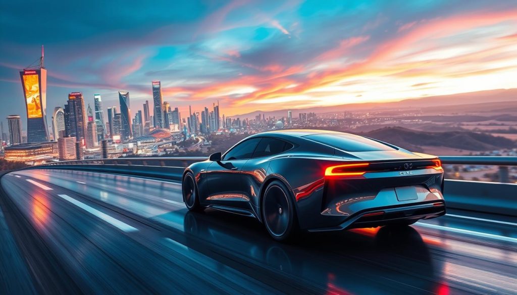 A high-tech, futuristic scene showcasing the revolutionary impact of electric vehicles. In the foreground, a sleek, aerodynamic electric car glides effortlessly along a gleaming, futuristic highway, its streamlined form reflecting the advanced technology powering it. The middle ground features a bustling cityscape, with towering skyscrapers and vibrant, neon-lit displays, representing the urban infrastructure adapting to the electric revolution. In the background, a breathtaking landscape of rolling hills and a vibrant, colorful sky, conveying a sense of harmony between technology and nature. Soft, diffused lighting casts a warm, futuristic glow over the entire scene, creating an atmosphere of progress, innovation, and a sustainable future for the automotive industry.