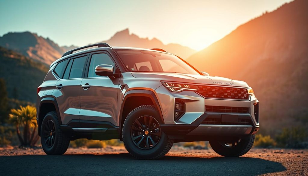 A detailed, realistic SUV in a modern, sleek design, prominently featured in the center of the frame. The SUV's exterior showcases its powerful, muscular styling with sharp lines, robust fenders, and a bold front grille. The lighting casts warm, dramatic shadows, highlighting the SUV's rugged, capable appearance. The background is a picturesque, mountainous landscape, with lush greenery and a clear, blue sky, conveying a sense of adventure and versatility. The overall scene presents the SUV as a dynamic, versatile vehicle well-suited for both urban and off-road environments.