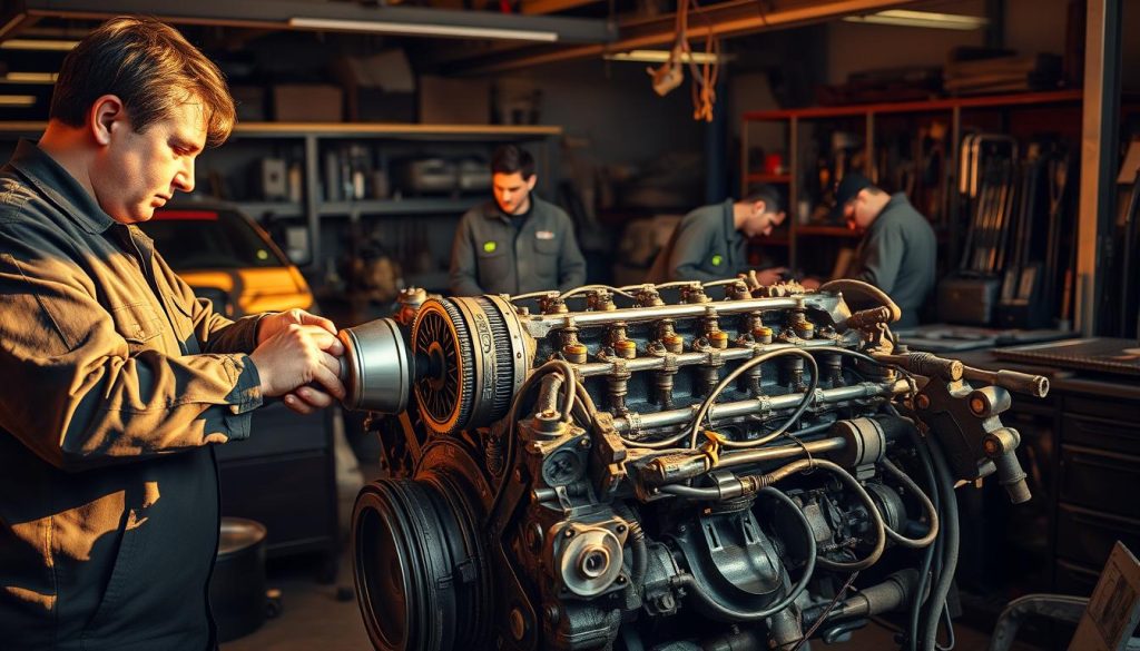 A fully-equipped automotive workshop with a team of skilled mechanics intently focused on diagnosing and repairing a disassembled gasoline engine. The scene is bathed in a warm, golden light, casting dramatic shadows across the worn but well-maintained tools and parts scattered around the workspace. In the foreground, a mechanic carefully examines a damaged piston, while in the background, others meticulously inspect fuel lines, valves, and other vital components. The overall mood conveys a sense of professionalism, expertise, and dedication to resolving the complex issues within the internal combustion engine.