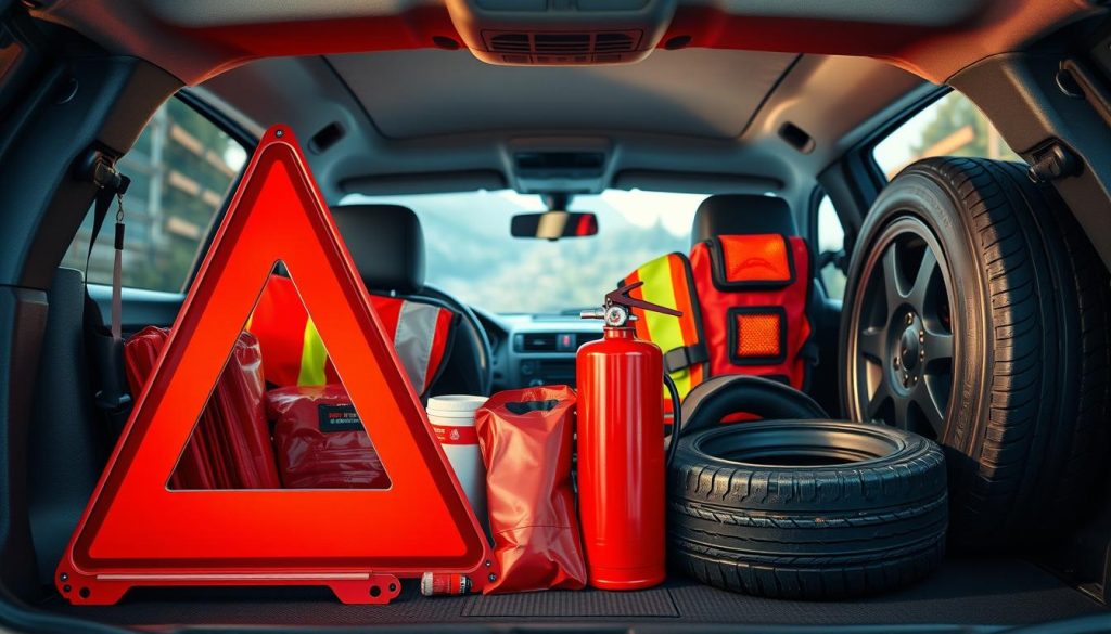 A well-lit, high-resolution photograph showing the essential legal equipment required for a vehicle. In the foreground, prominently display a car safety triangle, fire extinguisher, and first-aid kit. In the middle ground, include critical components like reflective vests, warning lights, and a spare tire. In the background, depict the interior of the vehicle, with the dashboard, steering wheel, and other relevant details visible. Capture the scene with a wide-angle lens to convey a sense of comprehensiveness, and utilize warm, natural lighting to create a professional, informative tone. Avoid any text overlays or distractions, allowing the equipment to speak for itself and clearly illustrate the legal requirements for vehicle preparedness.