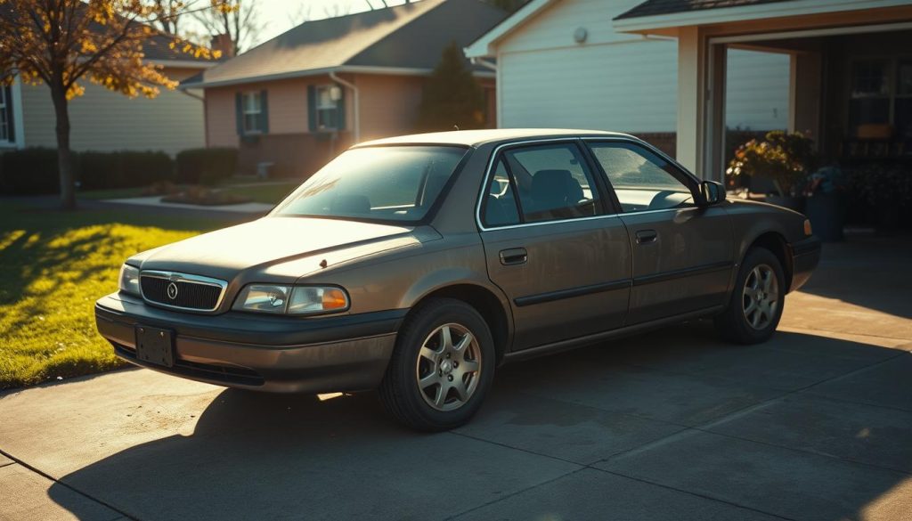 A well-worn sedan parked in a driveway, sunlight casting a warm glow across its faded exterior. The scene exudes a sense of practicality and pragmatism, reflecting the considerations of a budget-conscious car buyer. The vehicle's modest size and unassuming appearance suggest reliability and affordability, key factors in the search for a used car. A subtle, documentary-style depth of field keeps the focus on the car, while the surrounding environment, with its modest homes and well-manicured lawns, conveys the everyday context of this important purchase decision.