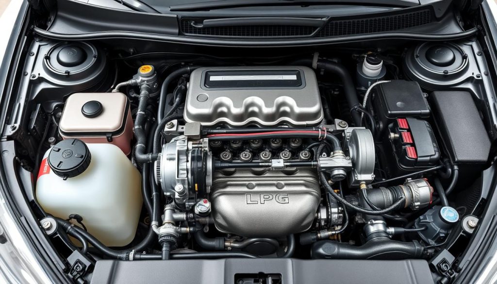 A detailed cross-section view of a car's engine compartment, showcasing the installation of a liquefied petroleum gas (LPG) system. The foreground prominently displays the LPG tank, fuel lines, and the various components of the conversion kit, such as the fuel regulator, vaporizer, and the LPG injectors integrated into the engine. The middle ground reveals the intricate routing of the LPG lines, neatly installed alongside the vehicle's original fuel system. The background provides a clear view of the engine block, with its cylinders and other mechanical details visible. The lighting is crisp and evenly distributed, highlighting the technical details of the LPG installation. The overall mood is one of precise engineering and careful attention to detail, reflecting the complexity of adapting a traditional internal combustion engine to run on liquefied petroleum gas.