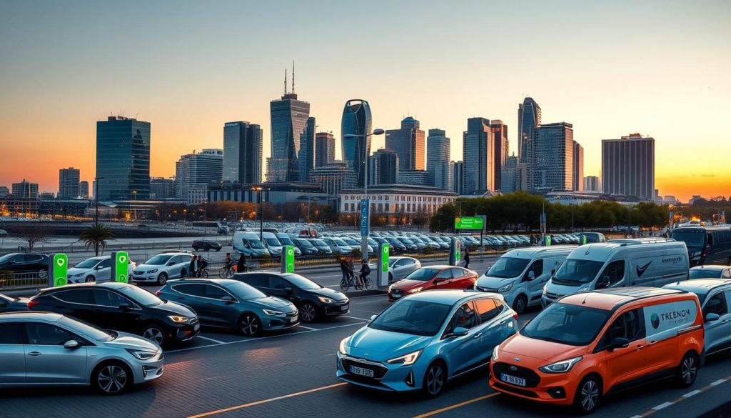 A modern city skyline at dusk, with a focus on a fleet of electric vehicles parked in the foreground. The vehicles are a mix of sedans, SUVs, and delivery vans, all with sleek, aerodynamic designs and vibrant, futuristic color schemes. The middle ground features a bustling streetscape, with pedestrians and cyclists moving about, charging stations, and signage highlighting the city's commitment to sustainable transportation. In the background, a soft, warm glow illuminates the buildings, creating a sense of progress and prosperity. The overall scene conveys a vision of a thriving, electrified future for corporate fleets in Poland.