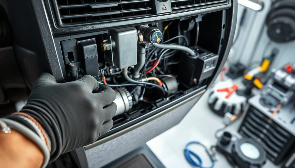 A well-lit, high-angle shot of an automotive air conditioning unit being serviced. The foreground shows a mechanic's gloved hands carefully removing the unit's paneling to expose the inner components. The middle ground depicts the intricate network of refrigerant pipes, compressors, and electrical connections that make up the AC system. The background features a clean, organized workshop setting with tools and diagnostic equipment nearby, conveying a sense of precision and expertise. The overall mood is one of focused, meticulous care, reflecting the importance of proper AC maintenance during the summer season.