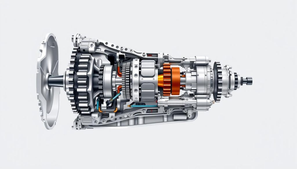 A detailed, technical illustration of an automatic transmission schematic, showcasing its inner workings and core components. The image should depict the transmission casing in a cutaway view, revealing the gears, shafts, clutches, and hydraulic control system in a clean, engineering-style rendering. The layout should be well-organized, with key parts labeled and highlighted to aid understanding. Bright, evenly-distributed lighting should create a sense of depth and clarity, while a muted, neutral color palette preserves the technical nature of the subject. The overall style should be precise, accurate, and visually engaging, conveying the complex yet elegant design of an automatic transmission.
