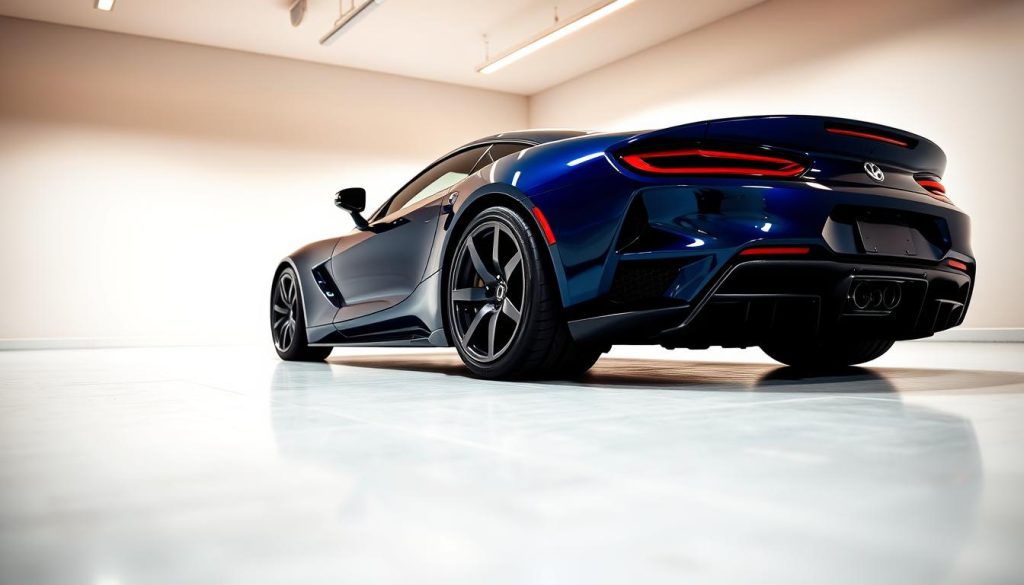 A meticulously tuned sports car sits in a sleek, minimalist garage. The vehicle's bold, angular body gleams under warm, directional lighting, its paint a deep, lustrous shade of midnight blue. The camera captures the car from a low, dynamic angle, emphasizing its powerful stance and aggressive lines. In the background, the garage's pristine, white walls and floor create a clean, modern backdrop that allows the car to be the central focus. The overall atmosphere is one of precision, sophistication, and a passion for automotive craftsmanship - the essence of visual tuning.