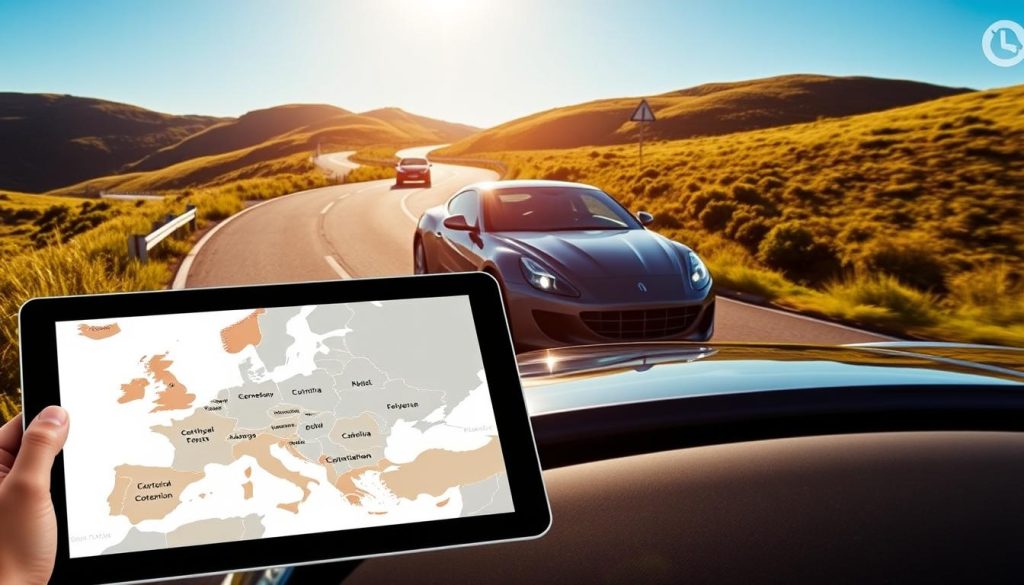 A modern, sleek car navigating winding roads through the scenic countryside, surrounded by lush green hills and a clear blue sky. The car's exterior gleams in the warm afternoon sunlight, reflecting the vibrant landscape. In the foreground, a map of Europe is displayed on a tablet, highlighting the various countries and their respective car insurance policies. The composition conveys a sense of adventure, exploration, and the importance of being prepared with the right car insurance coverage when travelling abroad.