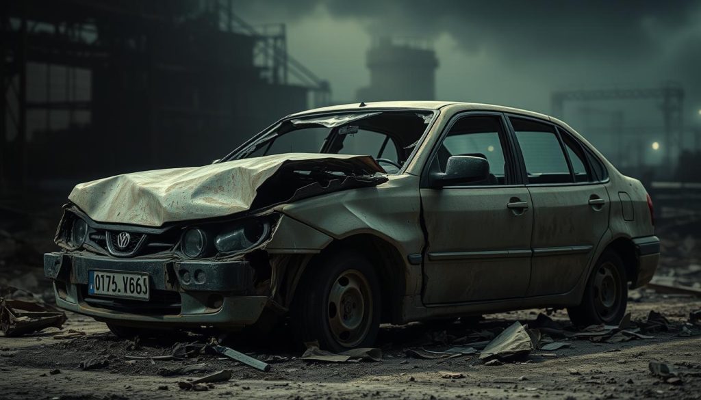 An abandoned, battered car sits in a dimly lit junkyard, its crumpled body and shattered windows telling a story of a violent collision. The vehicle's once-vibrant paint is now faded and peeling, a testament to the harsh elements it has endured. In the foreground, the car's distorted frame and twisted metal create a sense of disarray, while the background is filled with a hazy, industrial landscape, adding to the somber atmosphere. The lighting is moody and dramatic, casting deep shadows and highlighting the car's damaged state. This image of a wrecked vehicle, a "samochód powypadkowy," captures the essence of the section title "Definicja samochodu powypadkowego" and the article's subject, "Czy warto kupić auto powypadkowe."